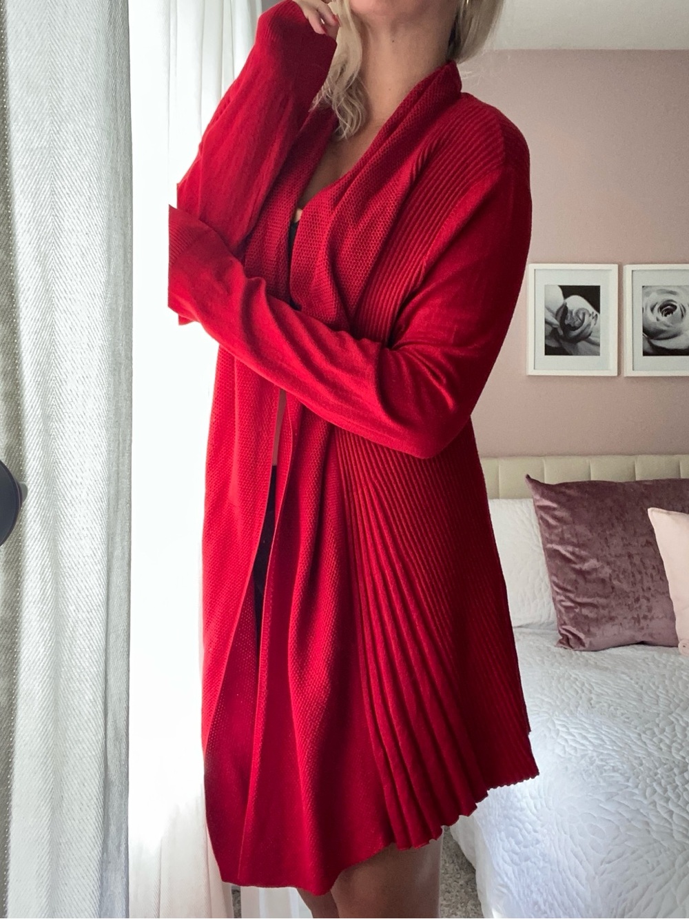 Ricki's Long Red Pleated Open-Front Cardigan